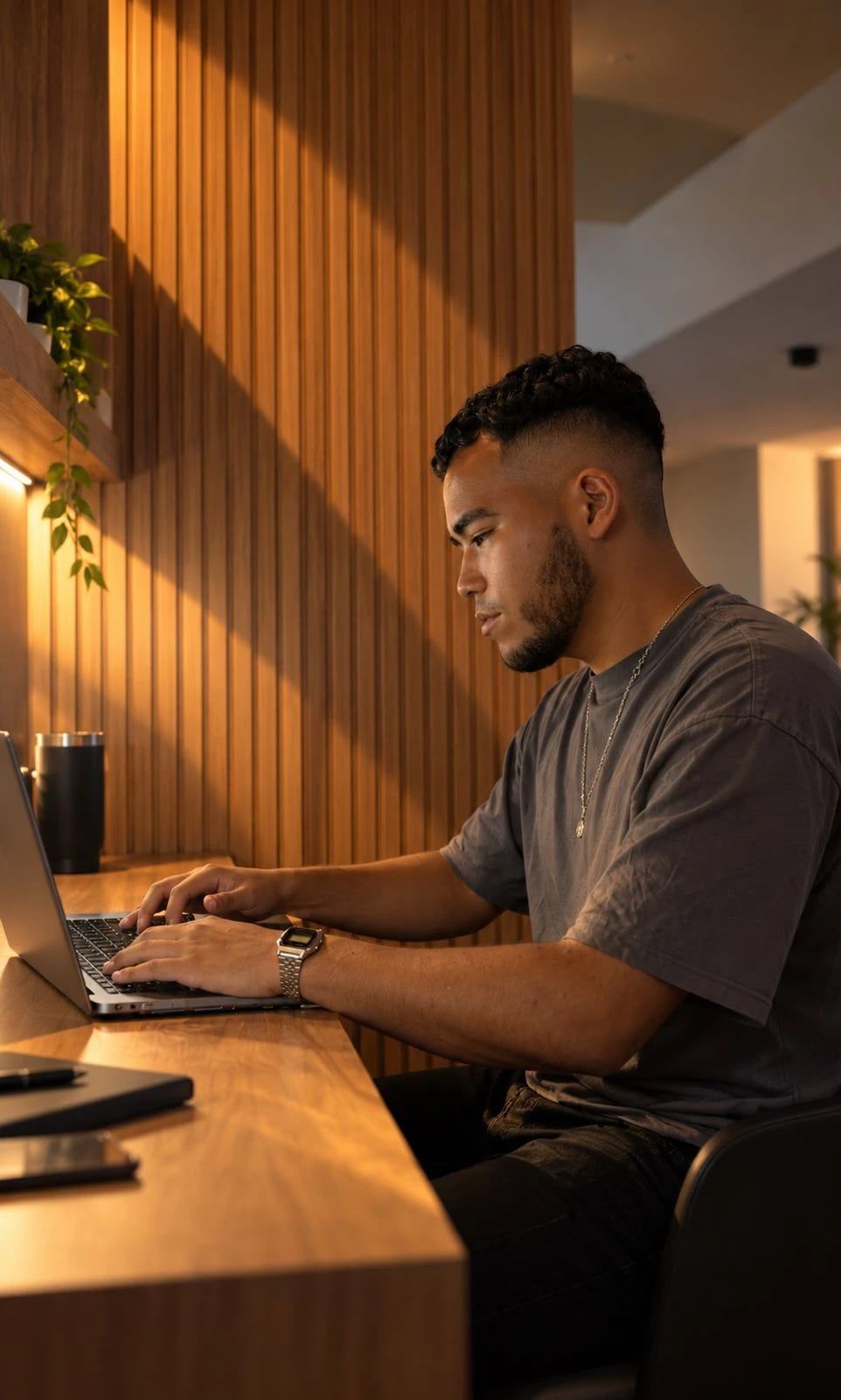 Integrante de VOLTA escribe en su laptop junto a una pared de madera.