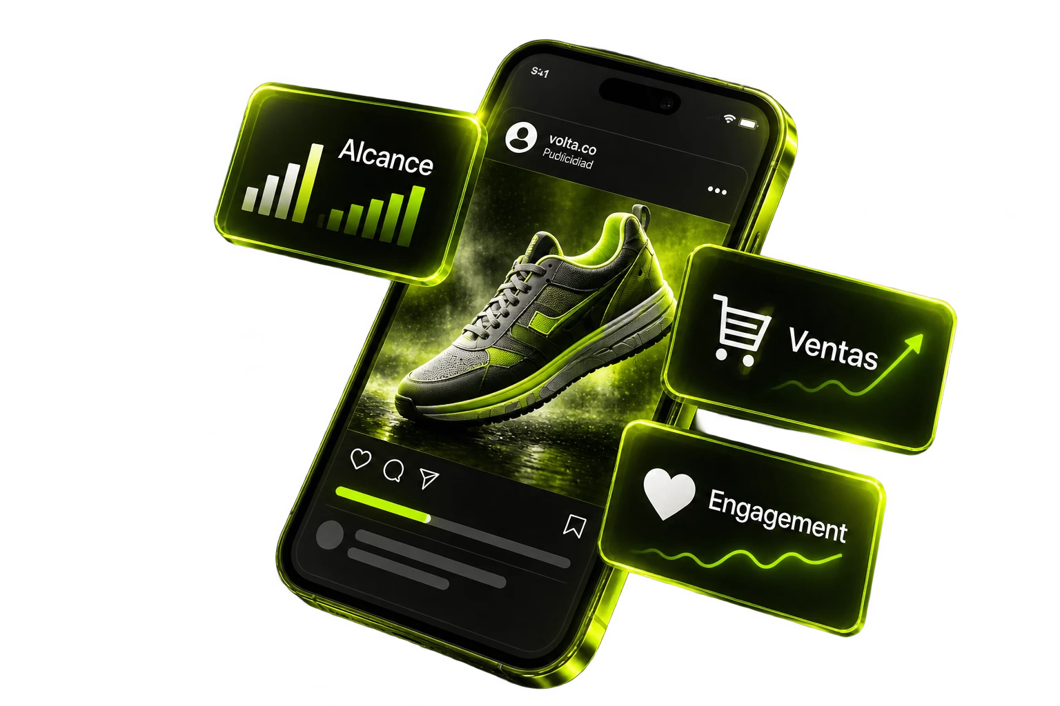 Teléfono con un anuncio de zapatillas rodeado de indicadores de alcance, ventas y engagement