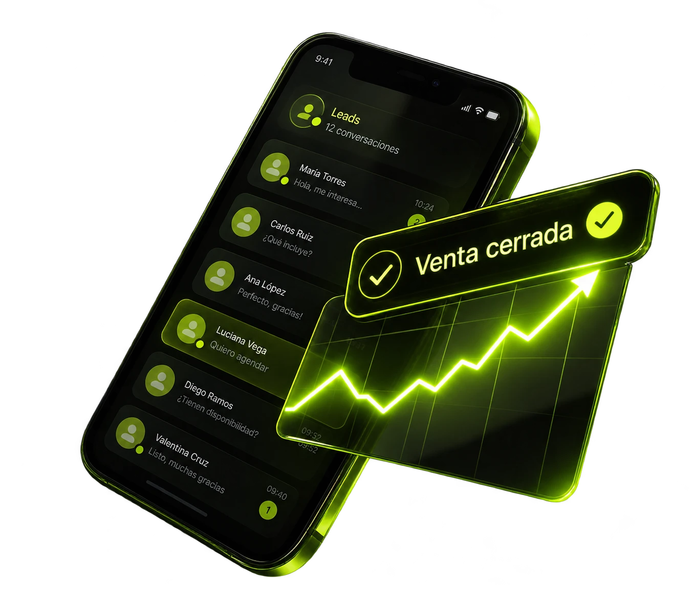 Teléfono con una lista de conversaciones y un aviso de venta cerrada sobre una curva que sube