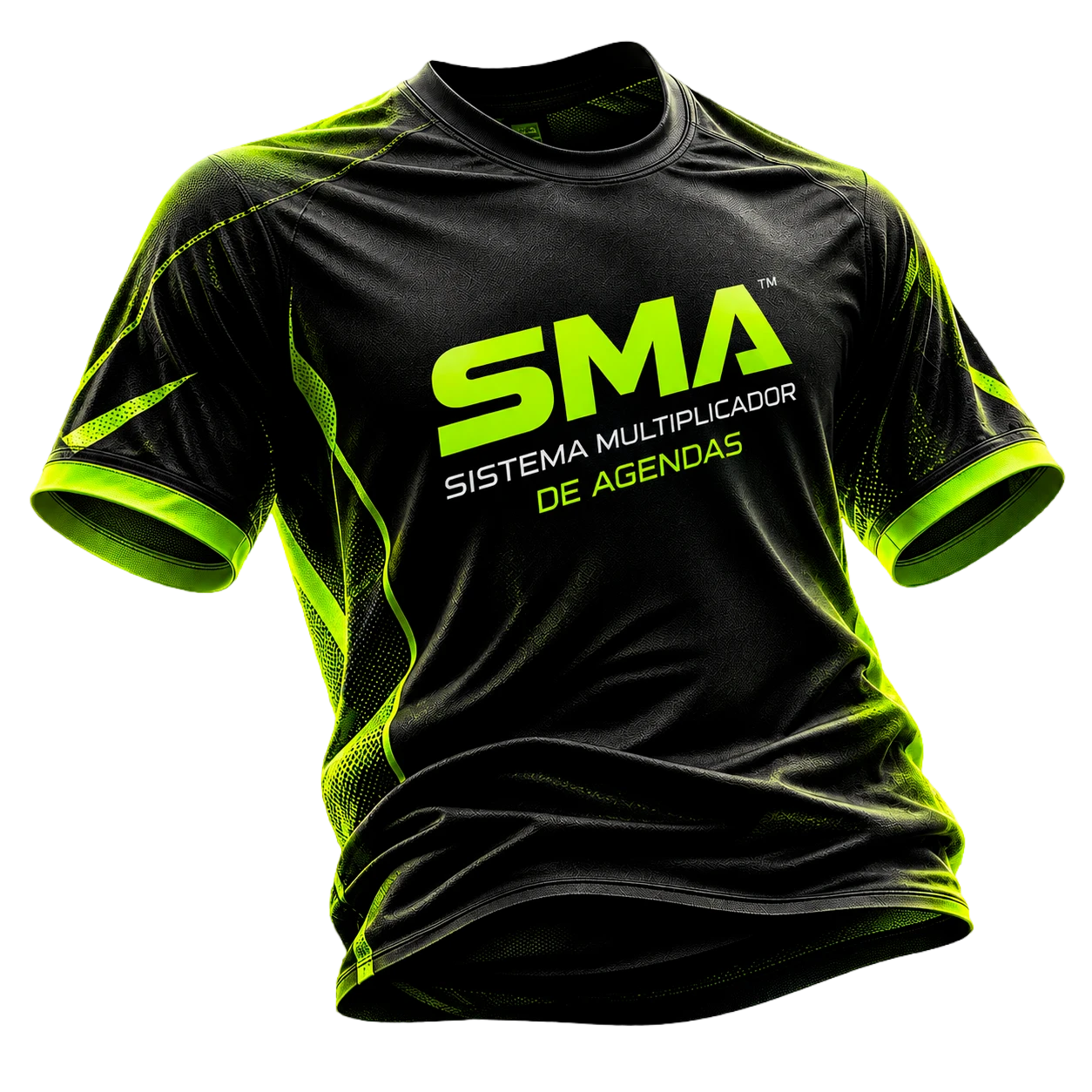 Camiseta deportiva negra con el logo SMA, Sistema Multiplicador de Agendas, en verde lima